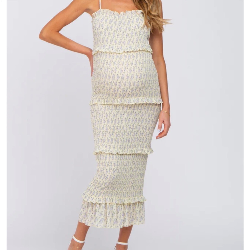 Pinkblush Yellow Floral Print Smocked Maternity Midi Dress